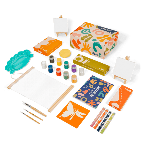  Sculpd Kids Painting Kit, Paint Craft Set for Kids Age 7+,  Includes 5 Colour Paint Set, Paintbrushes, Magnetic Picture Frame, 2  Canvases, Paint Palette, Additional Art Supplies and Free Guidebook